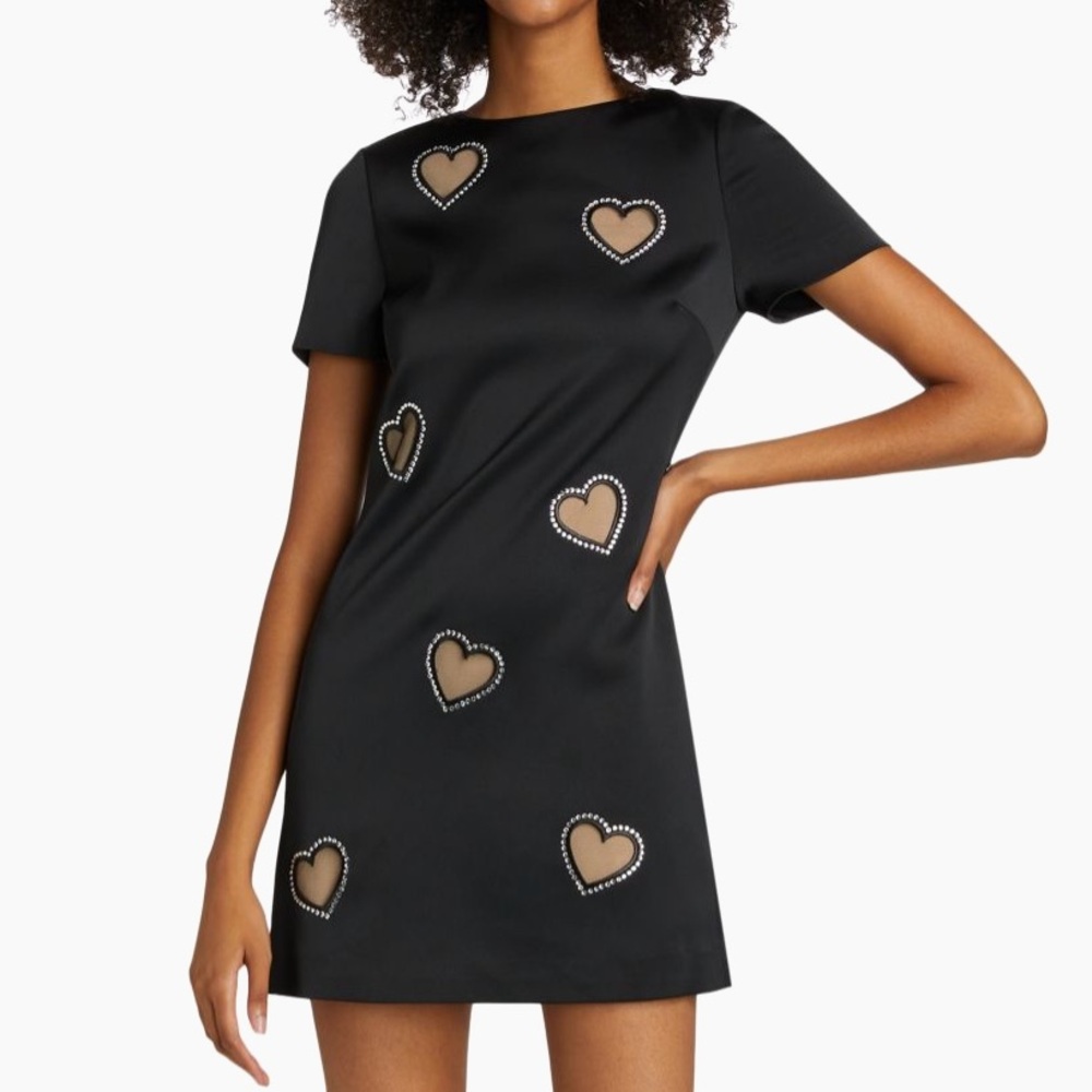 NWOT Alice & Olivia Clyde Crystal Embellished Heart Shift Dress Black Size 4